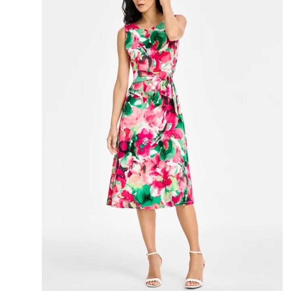 NEW Kasper Womens 10 Scuba Tie Waist Dress Fit and Flare Dress Vanilla Ice Multi